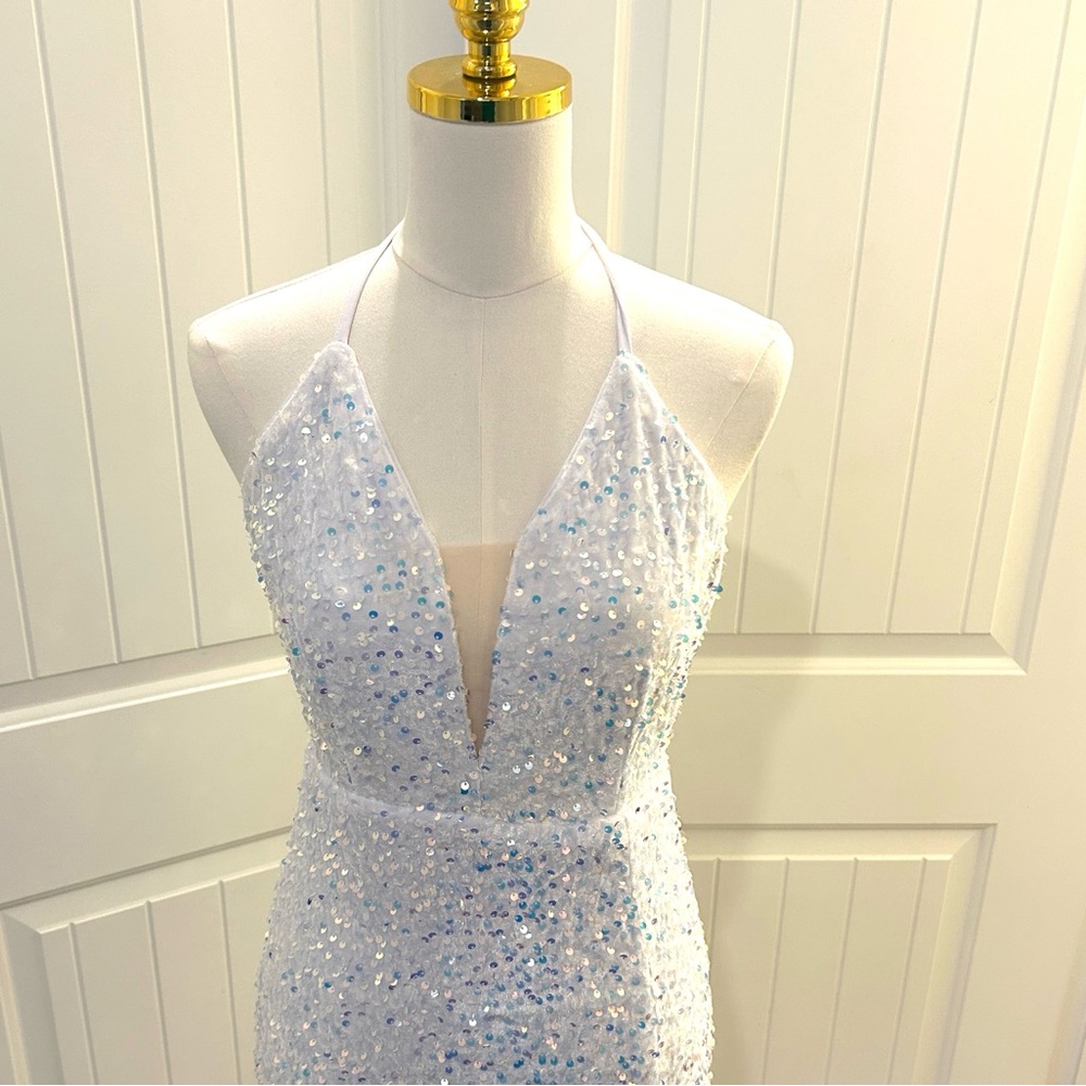 White Sequin Mini Dress Sleeveless Plunging V-Neck Mesh Yoke Back Lace Ties M - Picture 3 of 15
